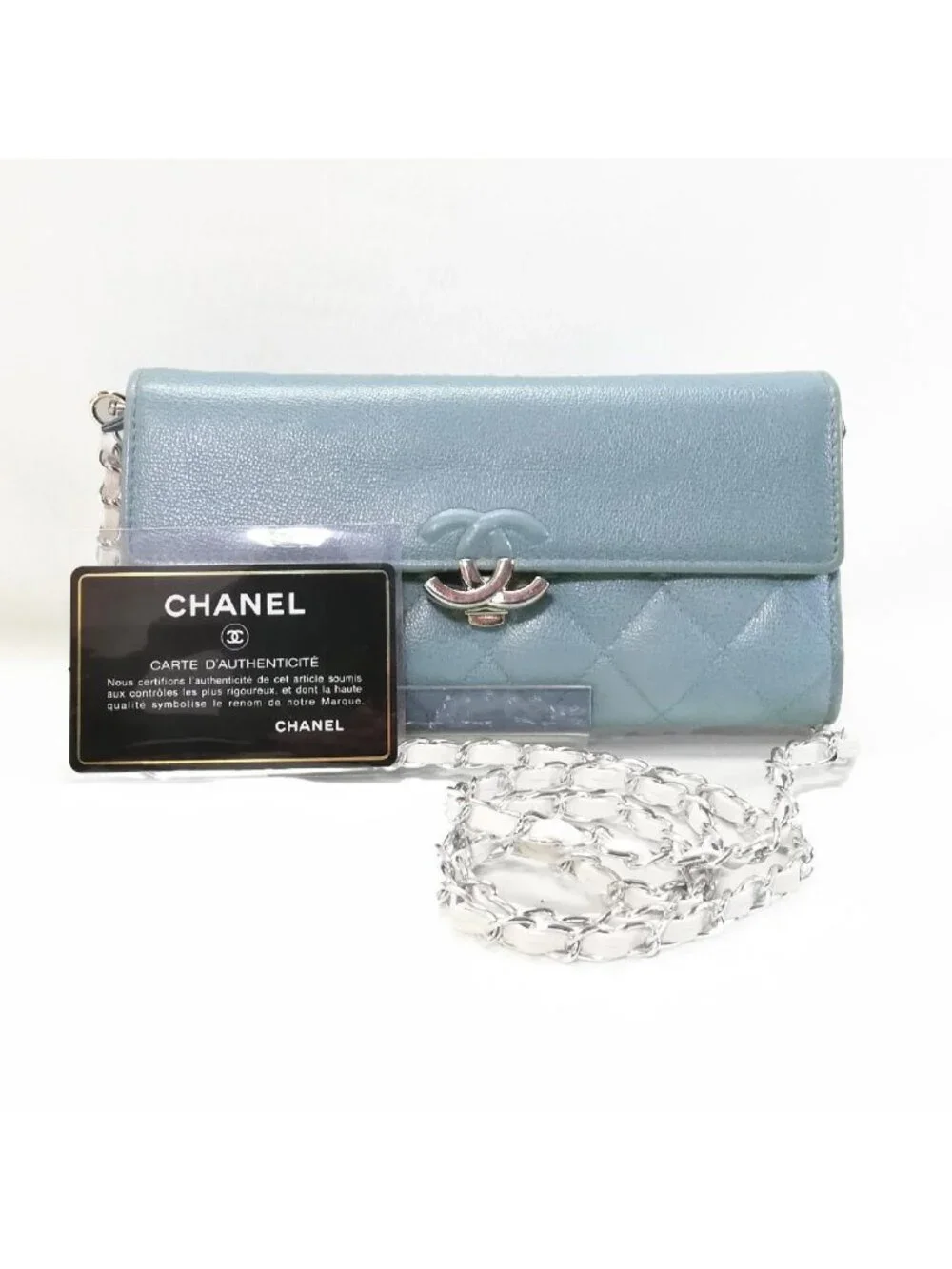 Chanel Caviar Quilted Wallet Light Blue Silver